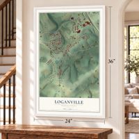 Loganville, Pennsylvania map, 24 x 36 inch print in a white frame by a staircase