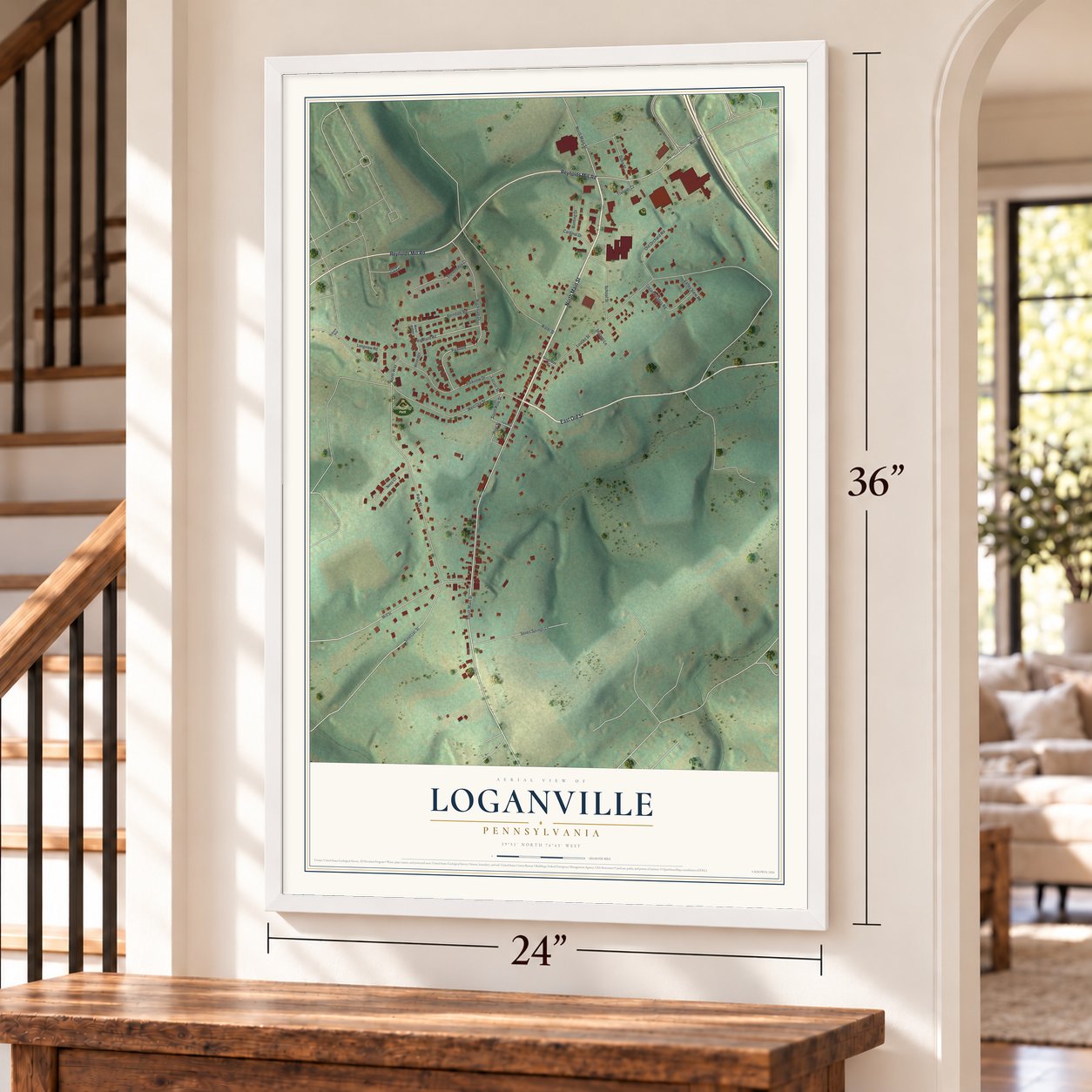 Loganville, Pennsylvania map, 24 x 36 inch print in a white frame by a staircase