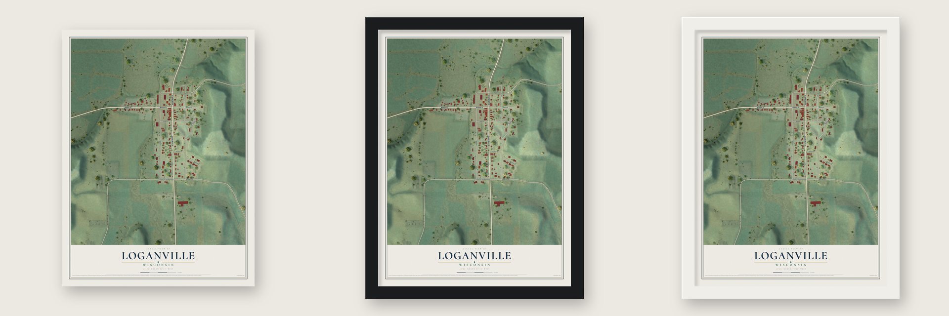 Loganville, Wisconsin map unframed, in a black wood frame and in a white wood frame