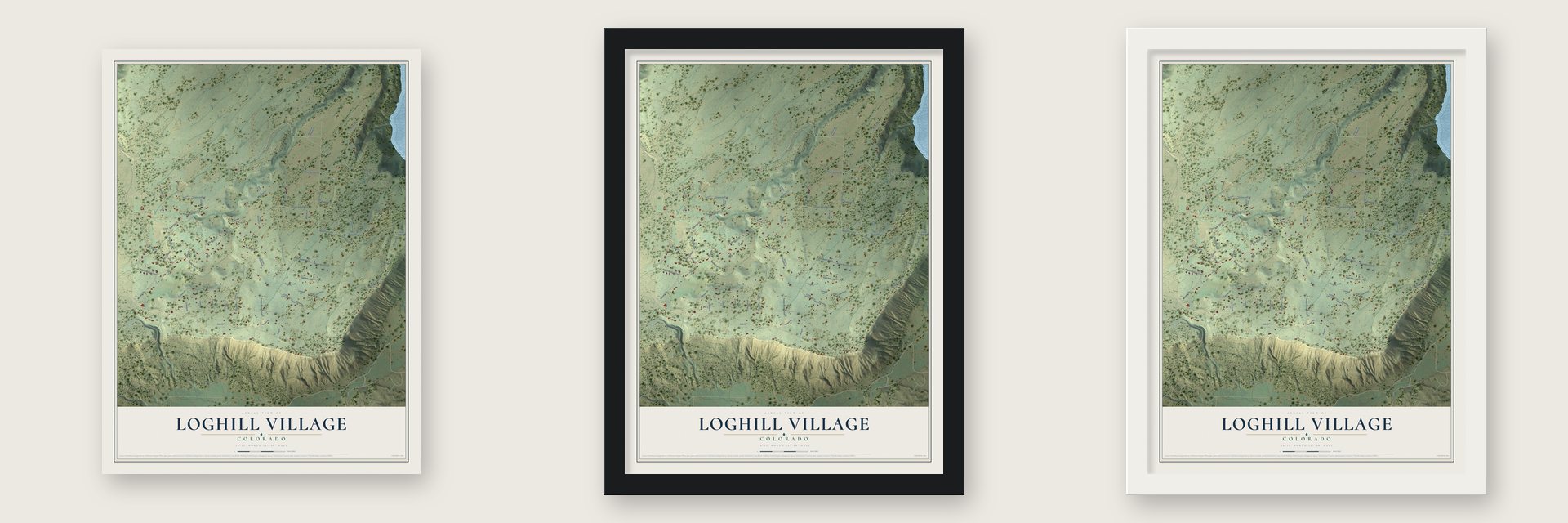 Loghill Village, Colorado map unframed, in a black wood frame and in a white wood frame