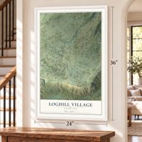 Loghill Village, Colorado map, 24 x 36 inch print in a white frame by a staircase