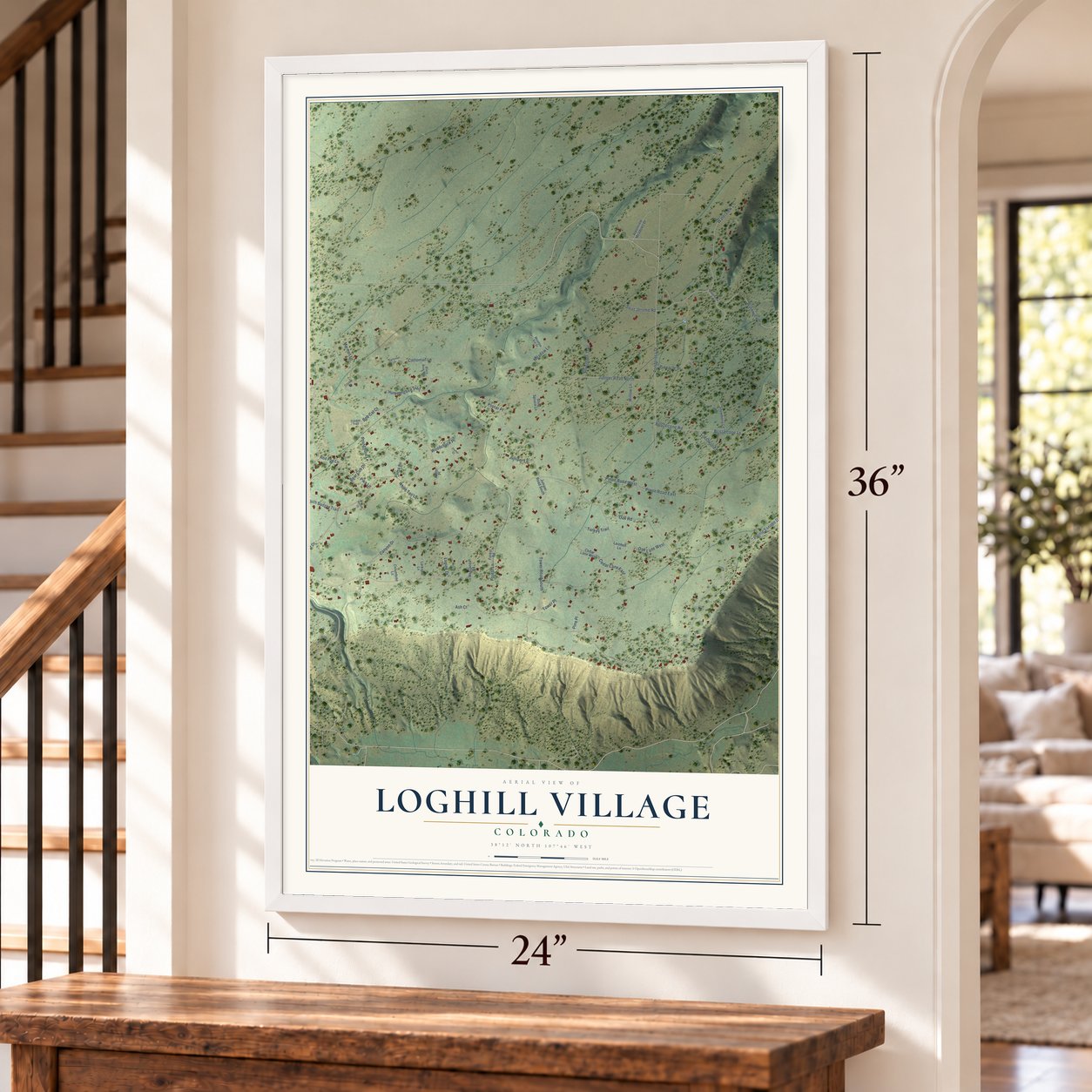 Loghill Village, Colorado map, 24 x 36 inch print in a white frame by a staircase