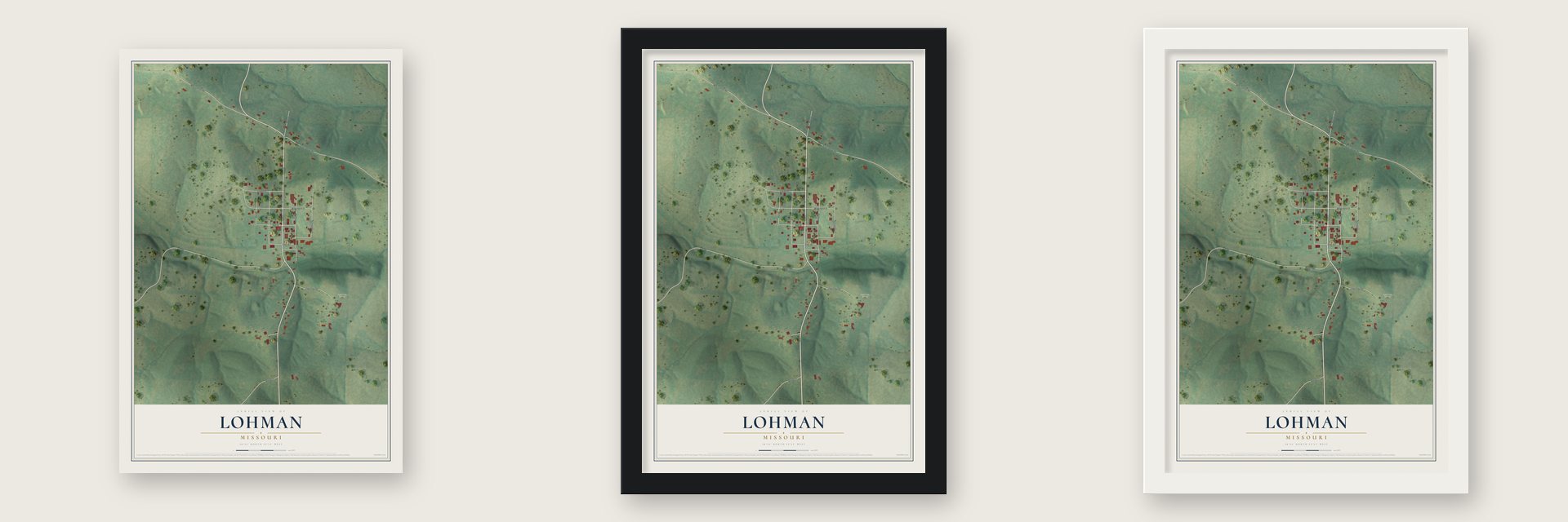 Lohman, Missouri map unframed, in a black wood frame and in a white wood frame