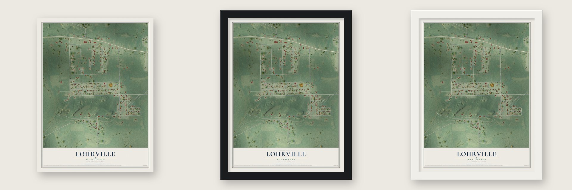 Lohrville, Wisconsin map unframed, in a black wood frame and in a white wood frame