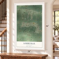 Lohrville, Wisconsin map, 24 x 36 inch print in a white frame by a staircase