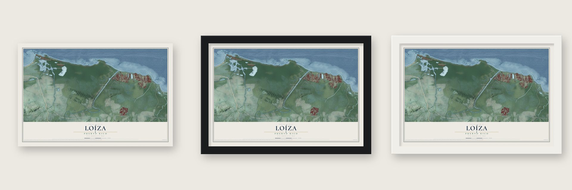 Loíza, Puerto Rico map unframed, in a black wood frame and in a white wood frame