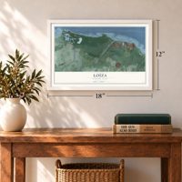 Loíza, Puerto Rico map, 12 x 18 inch print in a white frame in an entryway