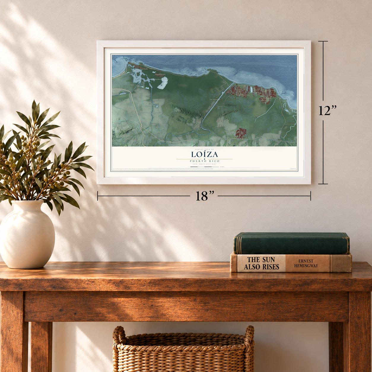 Loíza, Puerto Rico map, 12 x 18 inch print in a white frame in an entryway