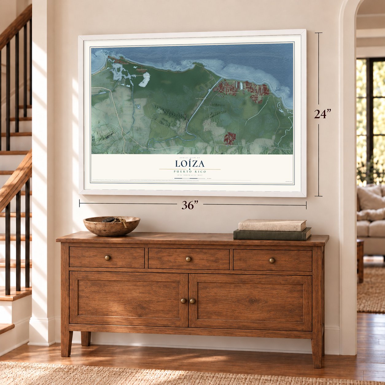 Loíza, Puerto Rico map, 24 x 36 inch print in a white frame above a dresser by a staircase