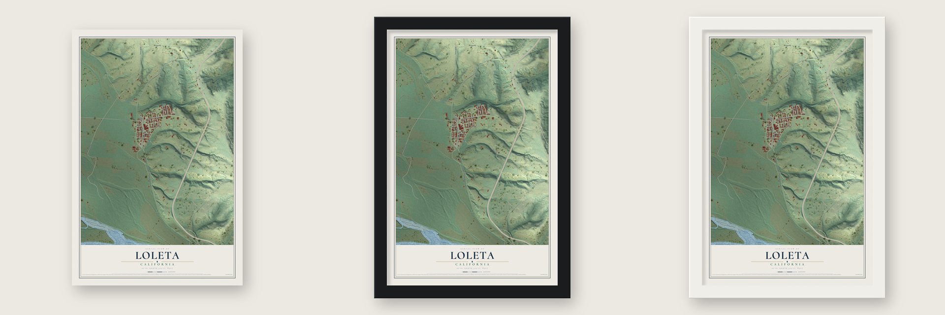 Loleta, California map unframed, in a black wood frame and in a white wood frame