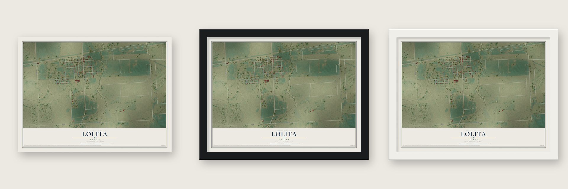 Lolita, Texas map unframed, in a black wood frame and in a white wood frame
