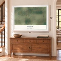 Lolita, Texas map, 24 x 36 inch print in a white frame above a dresser by a staircase