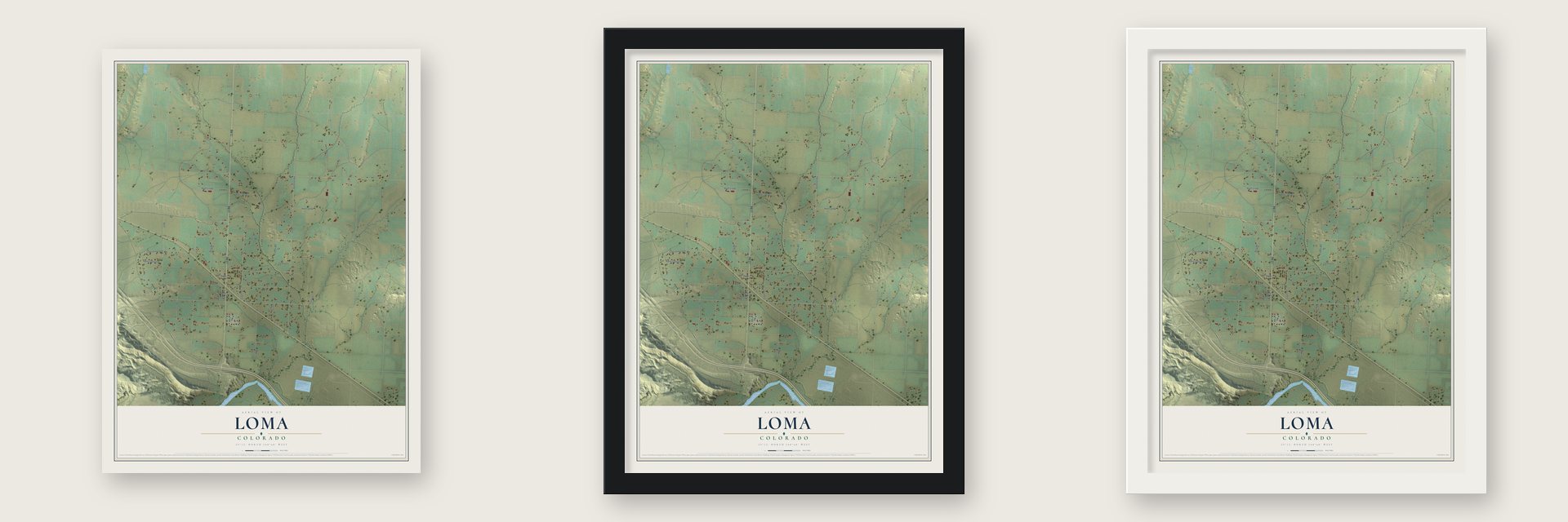 Loma, Colorado map unframed, in a black wood frame and in a white wood frame