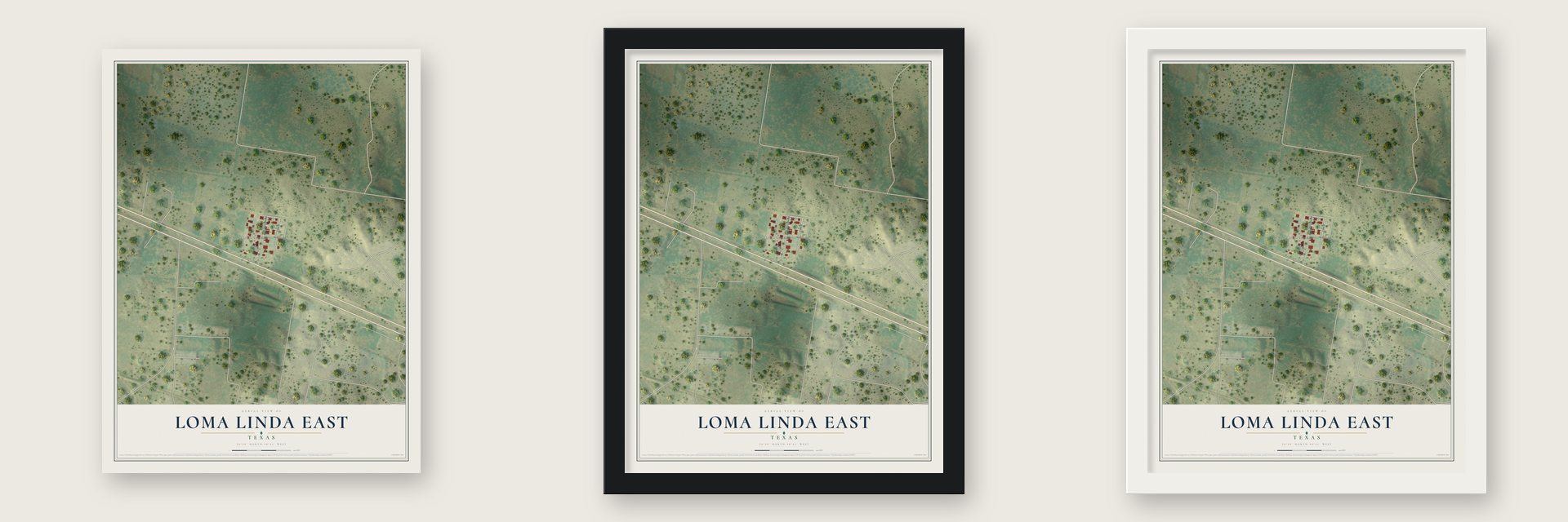Loma Linda East, Texas map unframed, in a black wood frame and in a white wood frame