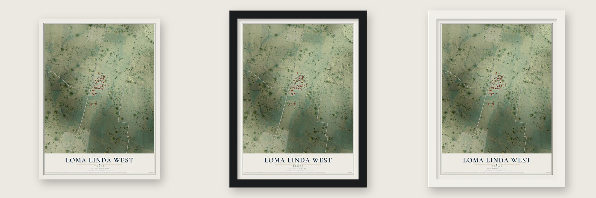 Loma Linda West, Texas map unframed, in a black wood frame and in a white wood frame