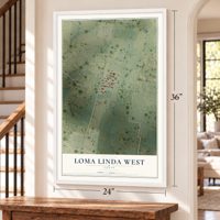 Loma Linda West, Texas map, 24 x 36 inch print in a white frame by a staircase