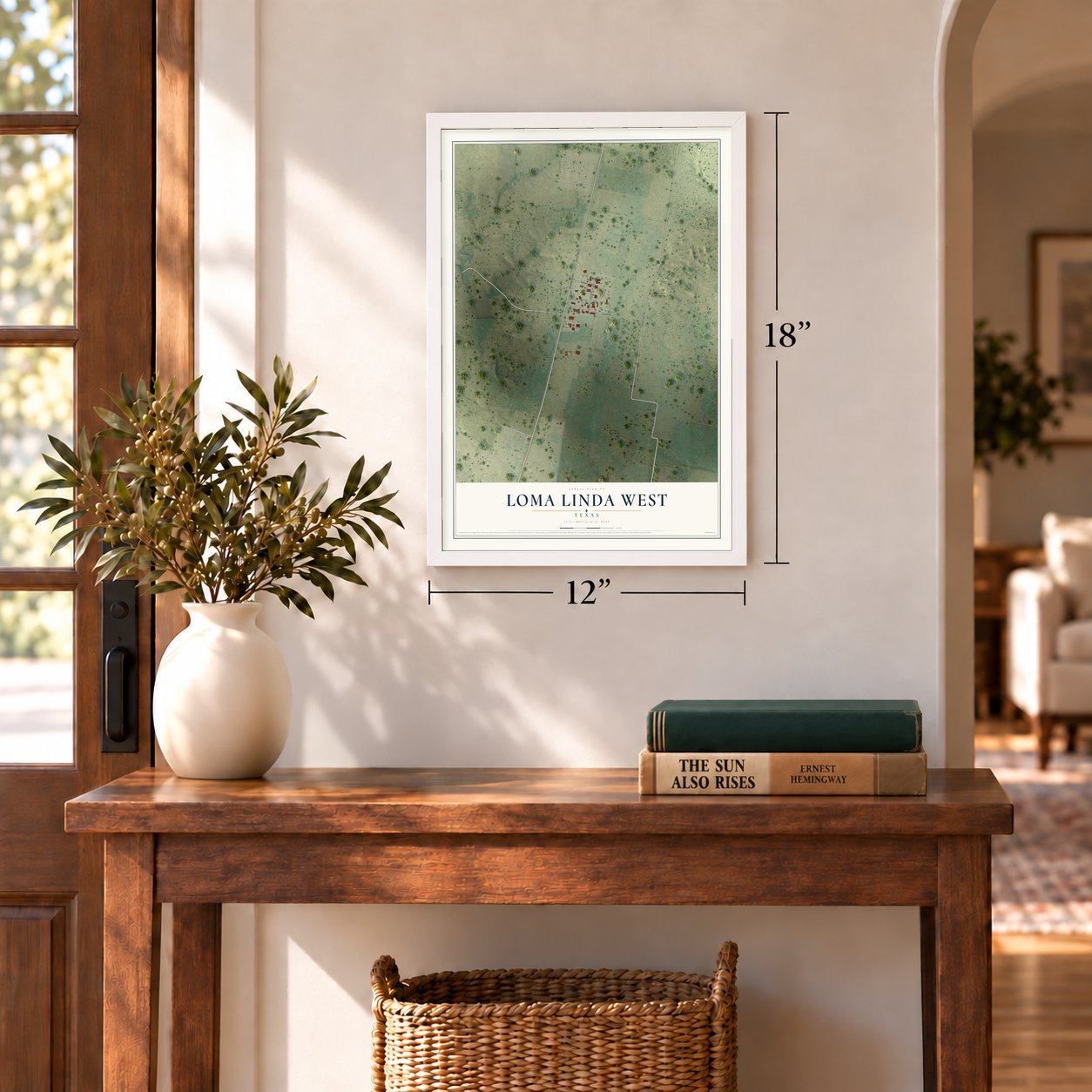Loma Linda West, Texas map, 12 x 18 inch print in a white frame in an entryway