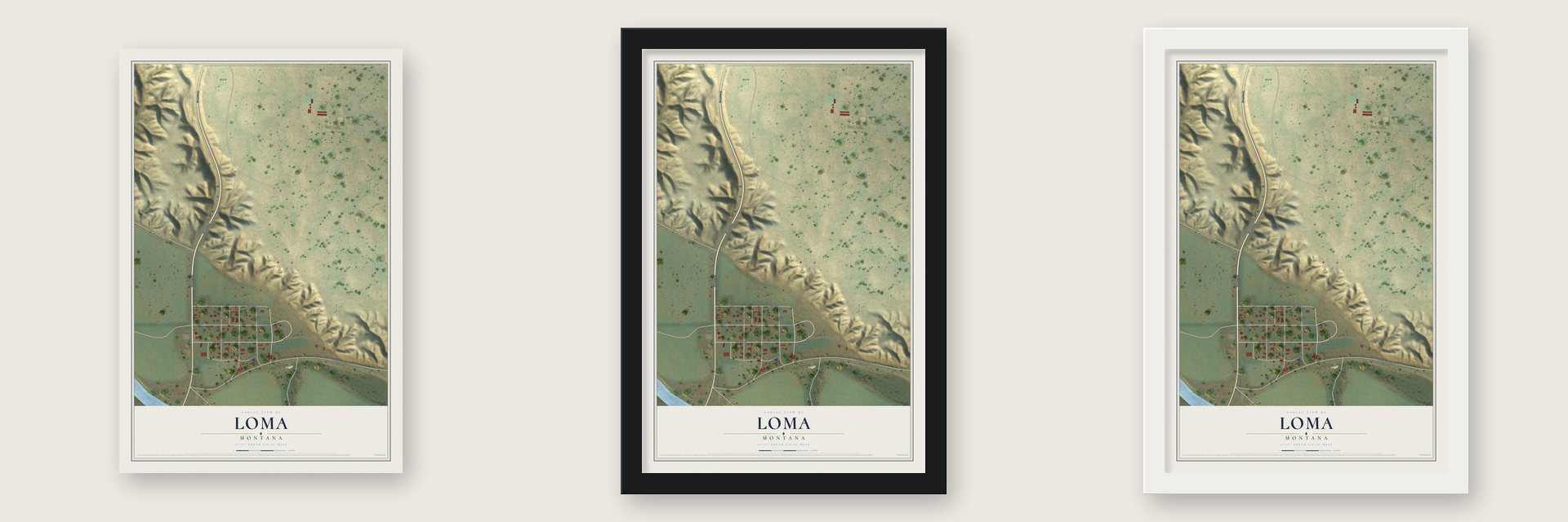 Loma, Montana map unframed, in a black wood frame and in a white wood frame