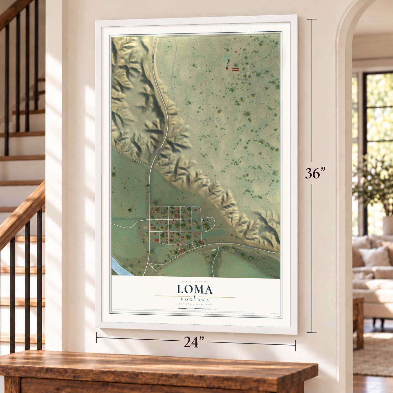 Loma, Montana map, 24 x 36 inch print in a white frame by a staircase