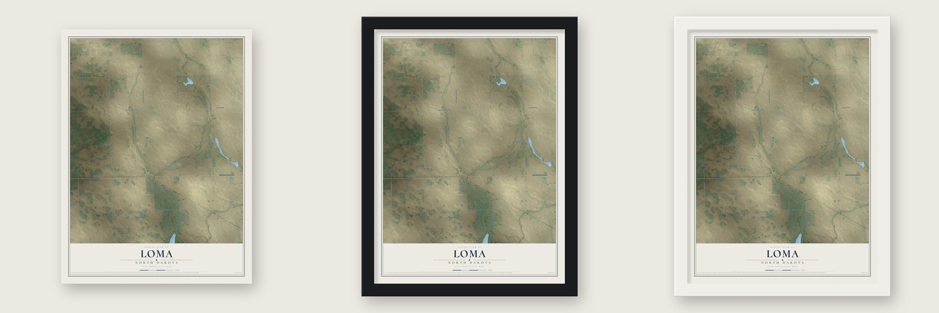 Loma, North Dakota map unframed, in a black wood frame and in a white wood frame