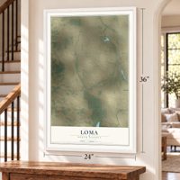 Loma, North Dakota map, 24 x 36 inch print in a white frame by a staircase