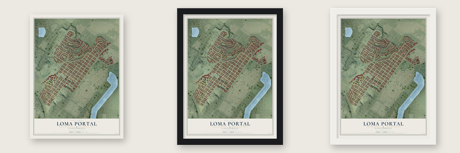 Loma Portal, California map unframed, in a black wood frame and in a white wood frame