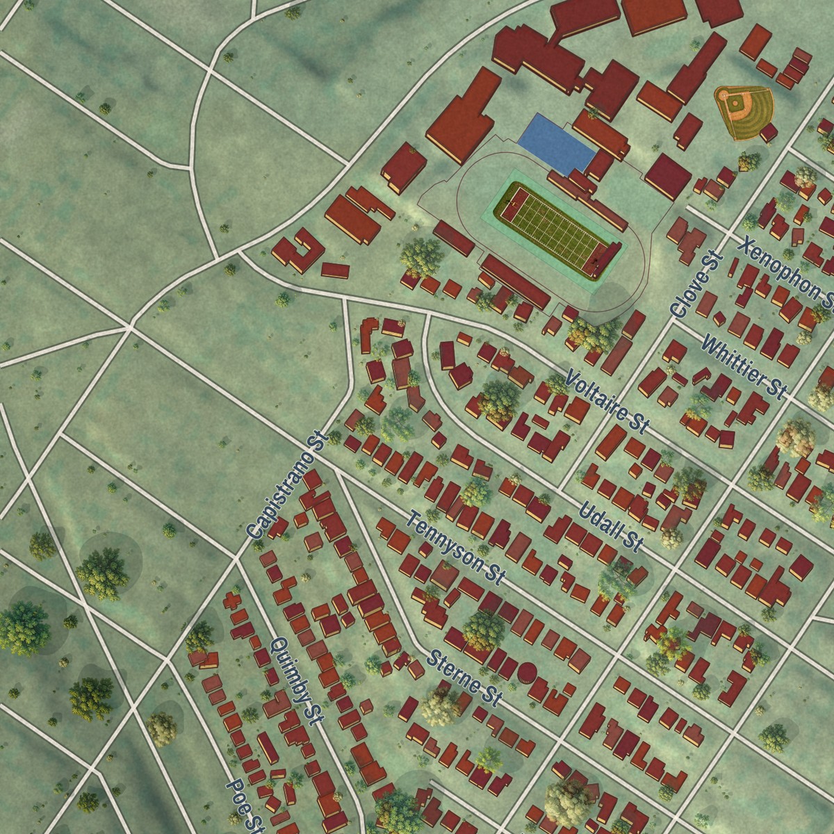 Second close-up of the map of Loma Portal, California print showing more streets and buildings