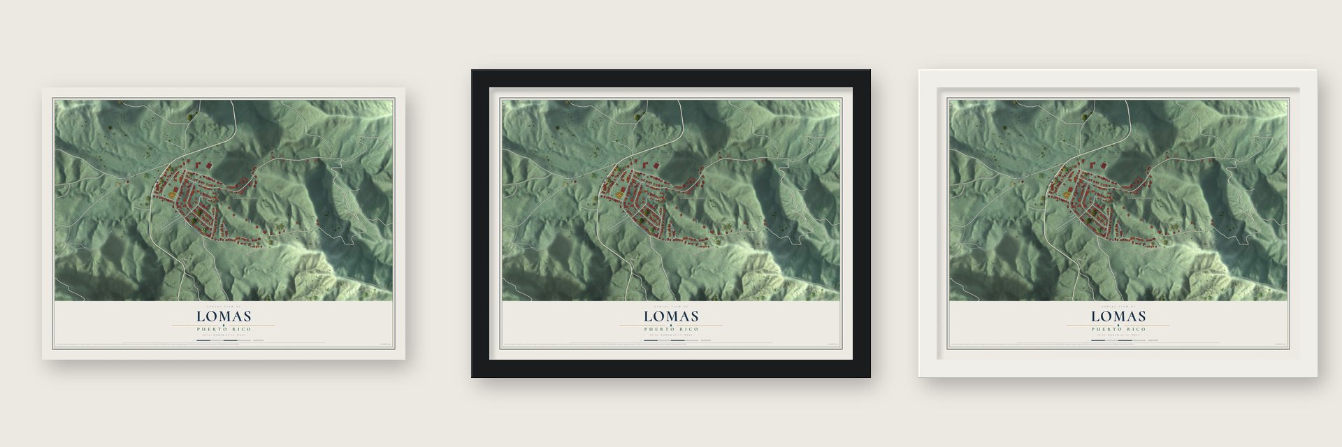 Lomas, Puerto Rico map unframed, in a black wood frame and in a white wood frame