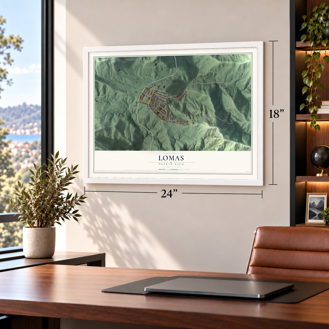 Lomas, Puerto Rico map, 18 x 24 inch print in a white frame in a home office