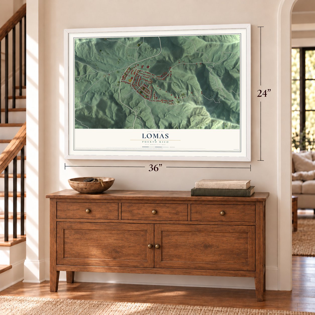 Lomas, Puerto Rico map, 24 x 36 inch print in a white frame above a dresser by a staircase