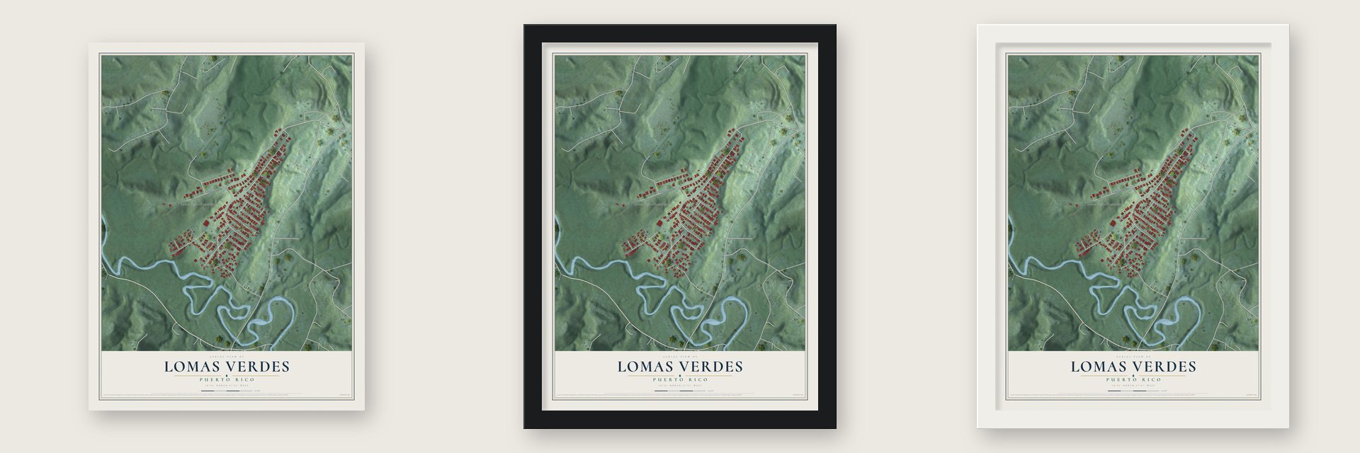 Lomas Verdes, Puerto Rico map unframed, in a black wood frame and in a white wood frame