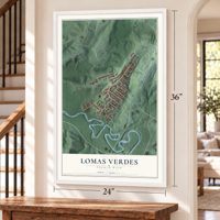 Lomas Verdes, Puerto Rico map, 24 x 36 inch print in a white frame by a staircase