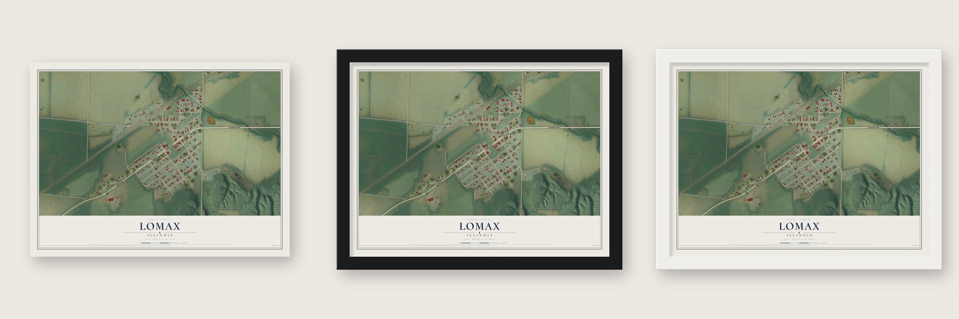 Lomax, Illinois map unframed, in a black wood frame and in a white wood frame