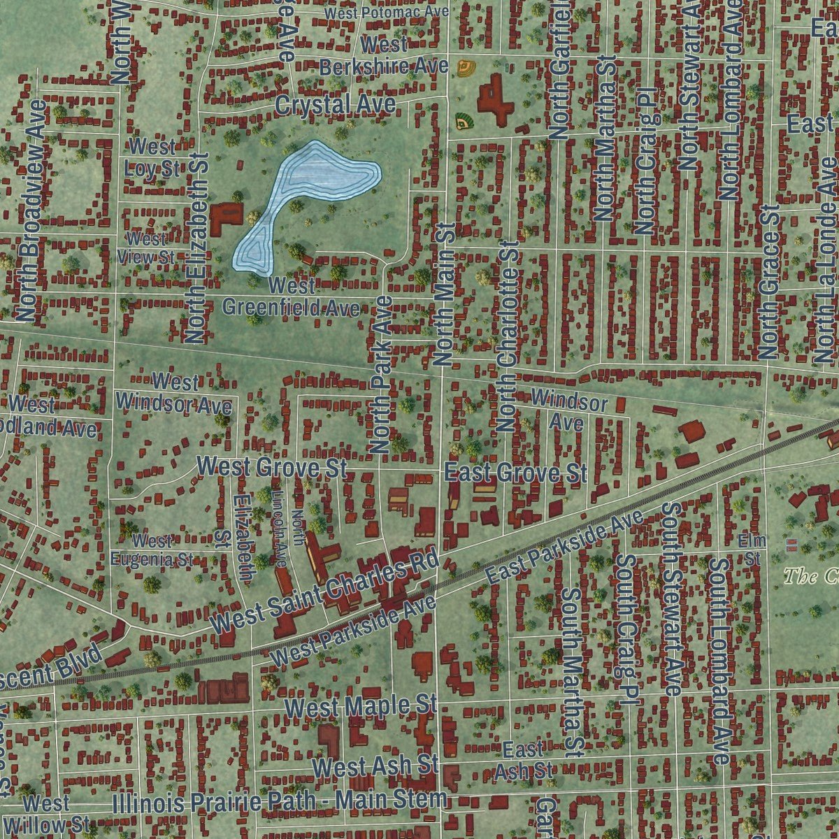 Second close-up of the map of Lombard, Illinois print showing more streets and buildings