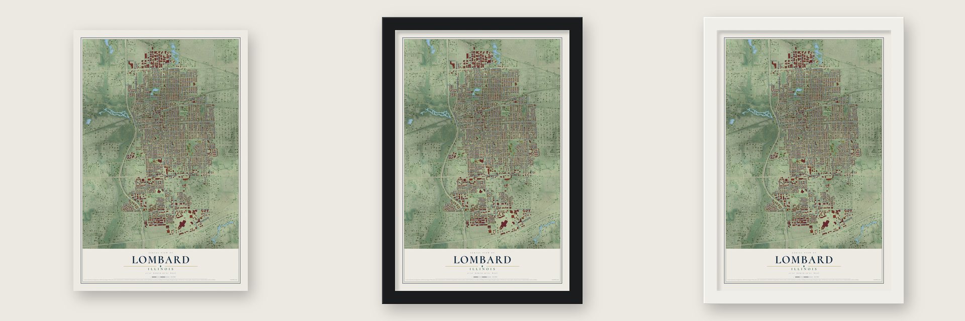 Lombard, Illinois map unframed, in a black wood frame and in a white wood frame