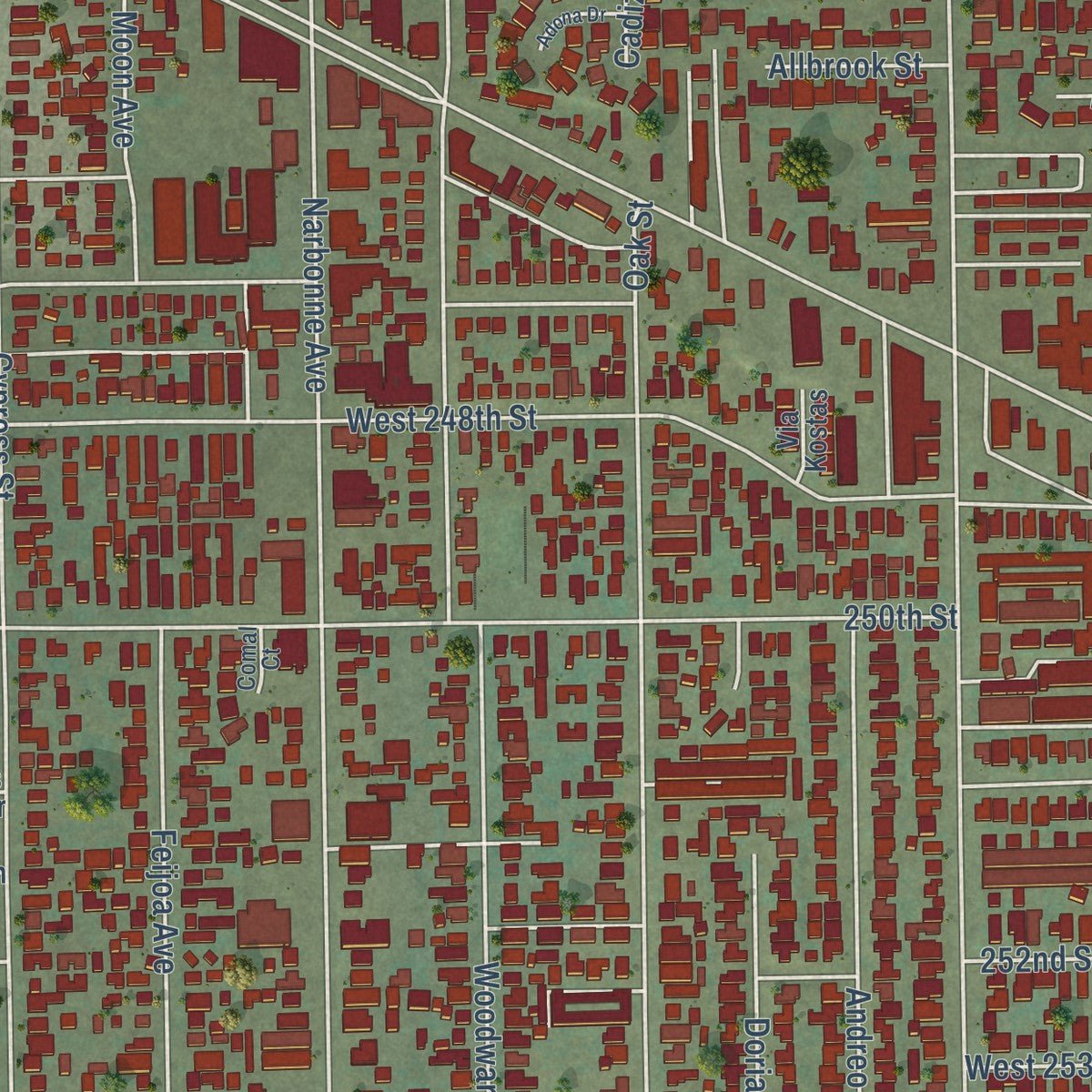 Second close-up of the map of Lomita, California print showing more streets and buildings