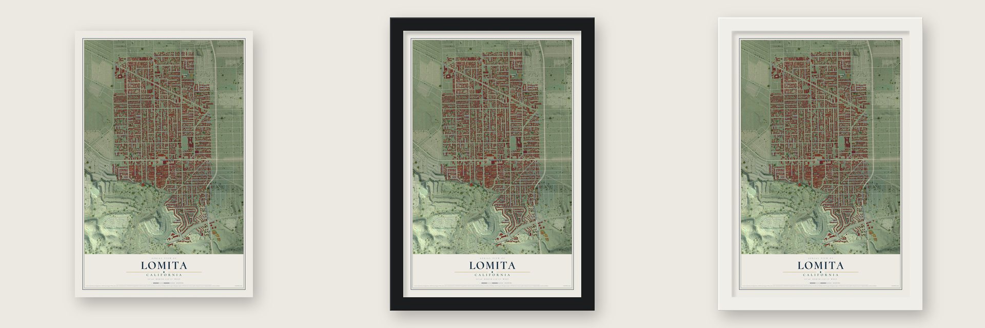 Lomita, California map unframed, in a black wood frame and in a white wood frame