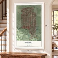 Lomita, California map, 24 x 36 inch print in a white frame by a staircase