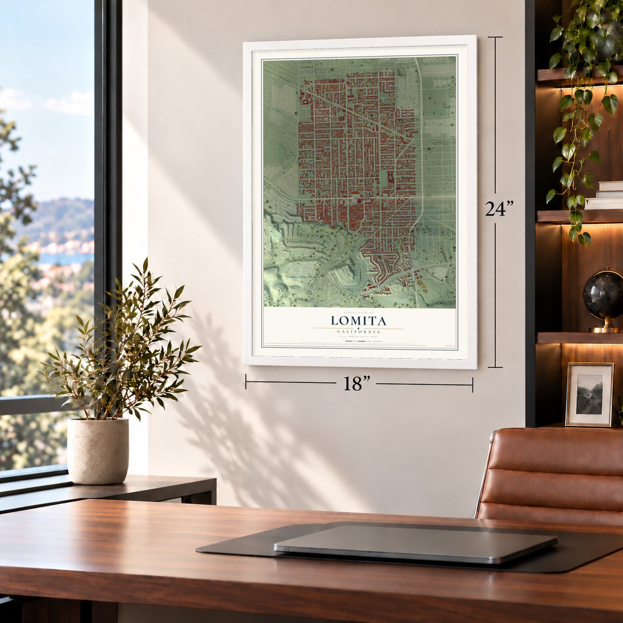 Lomita, California map, 18 x 24 inch print in a white frame in a home office