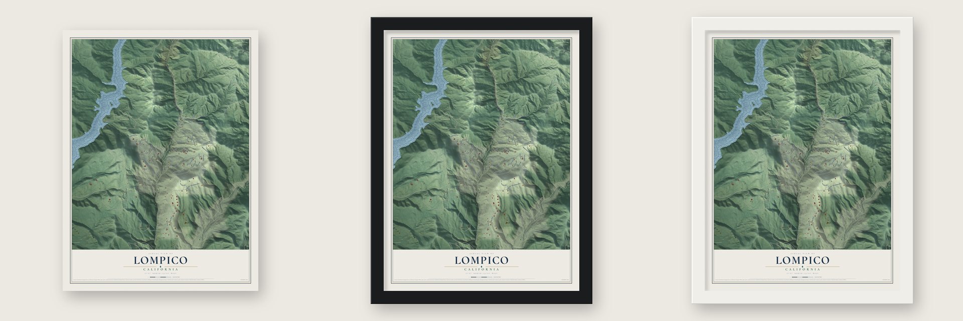 Lompico, California map unframed, in a black wood frame and in a white wood frame