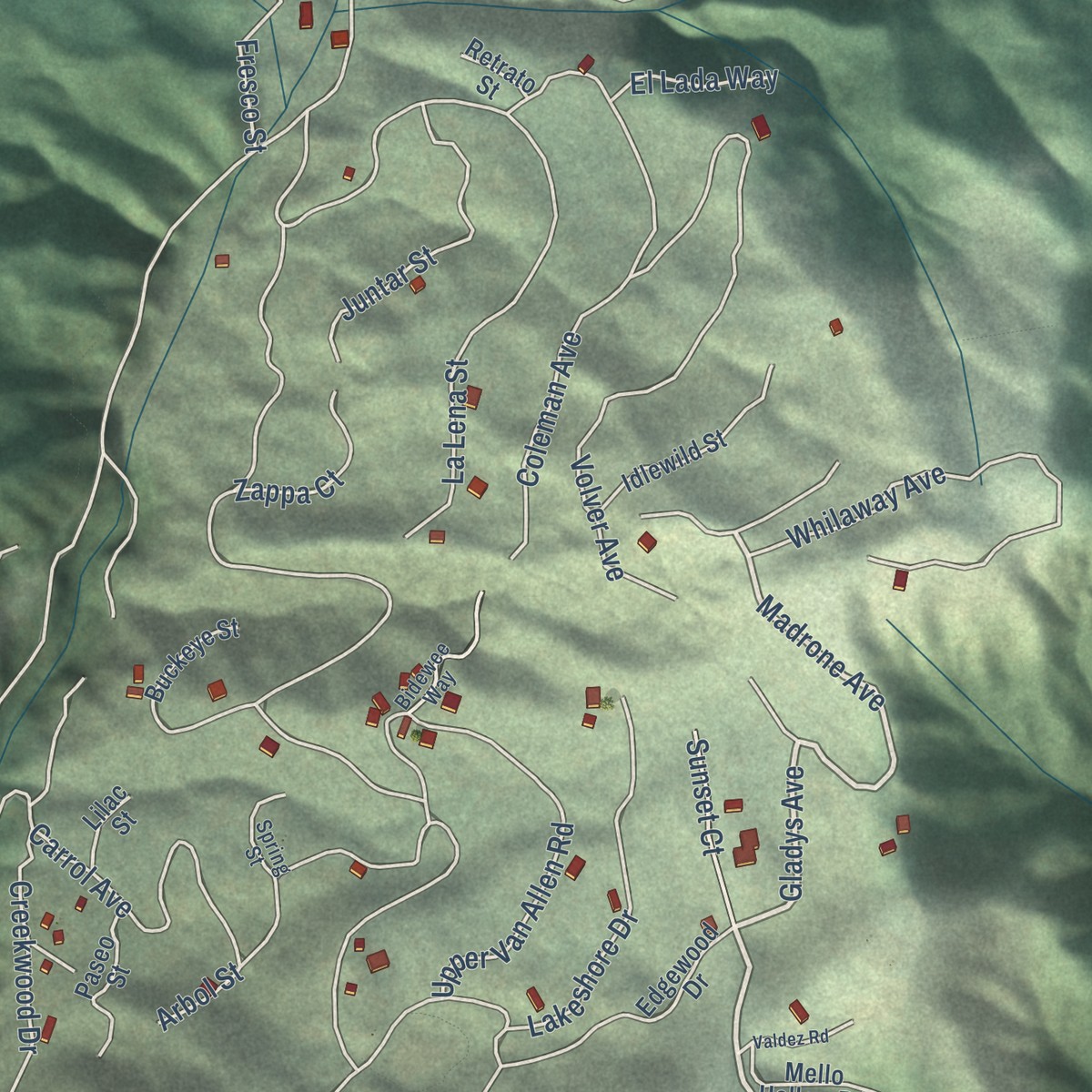Second close-up of the map of Lompico, California print showing more streets and buildings