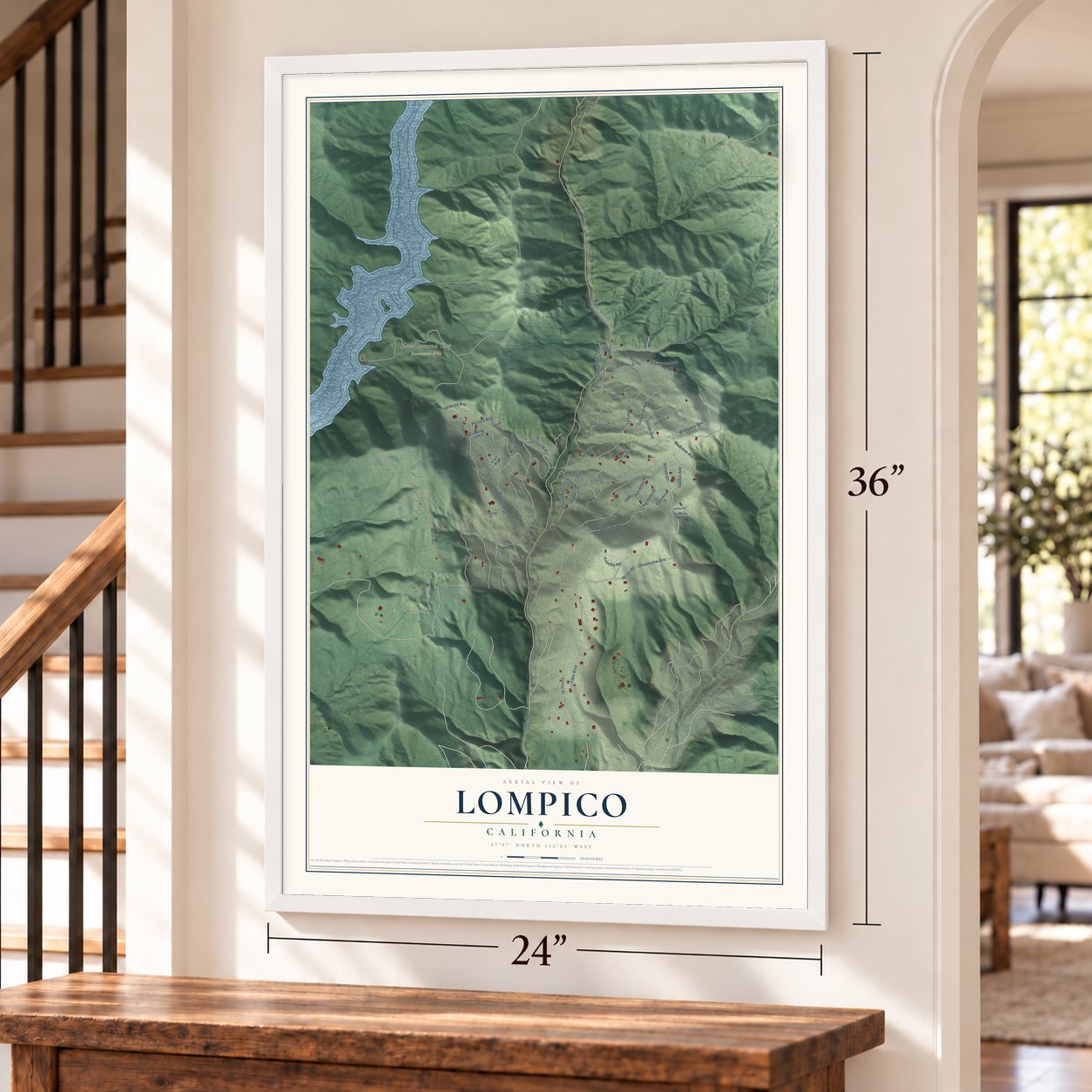 Lompico, California map, 24 x 36 inch print in a white frame by a staircase