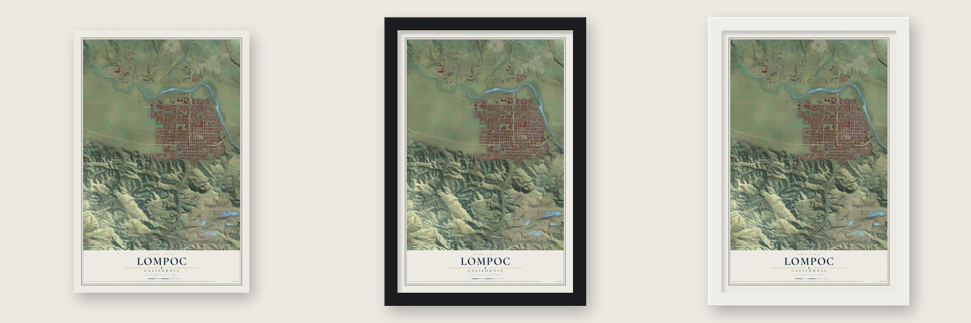 Lompoc, California map unframed, in a black wood frame and in a white wood frame