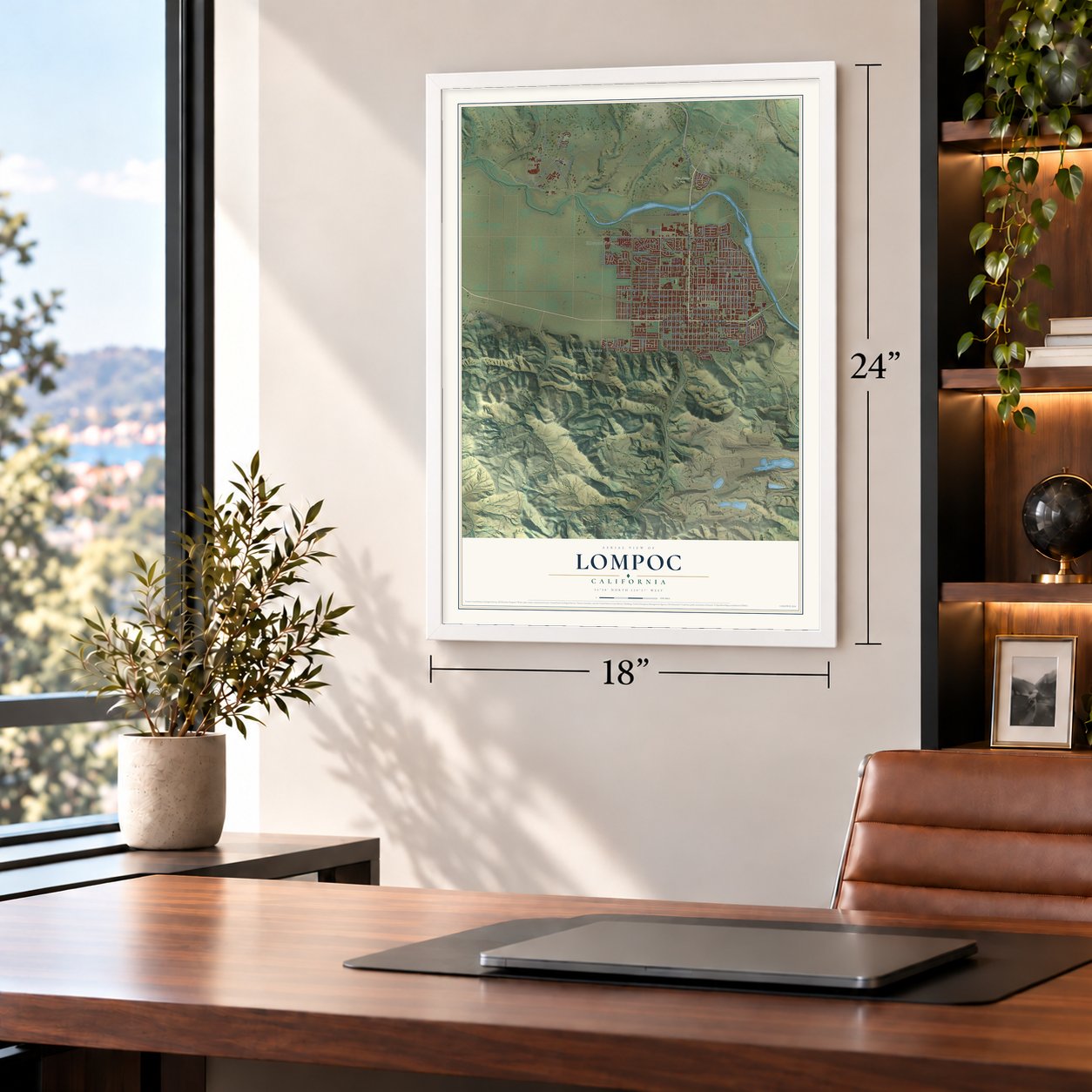 Lompoc, California map, 18 x 24 inch print in a white frame in a home office