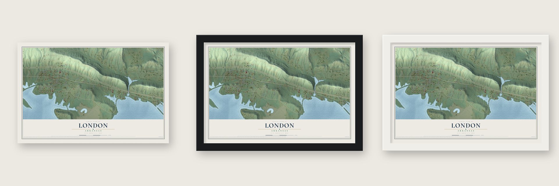 London, Arkansas map unframed, in a black wood frame and in a white wood frame