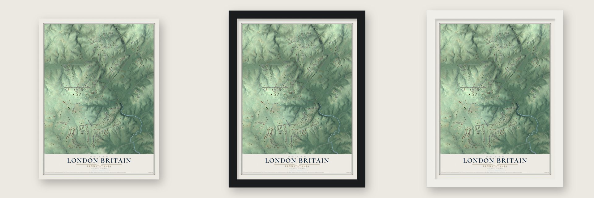 London Britain, Pennsylvania map unframed, in a black wood frame and in a white wood frame