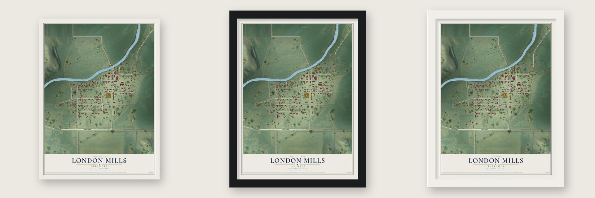 London Mills, Illinois map unframed, in a black wood frame and in a white wood frame