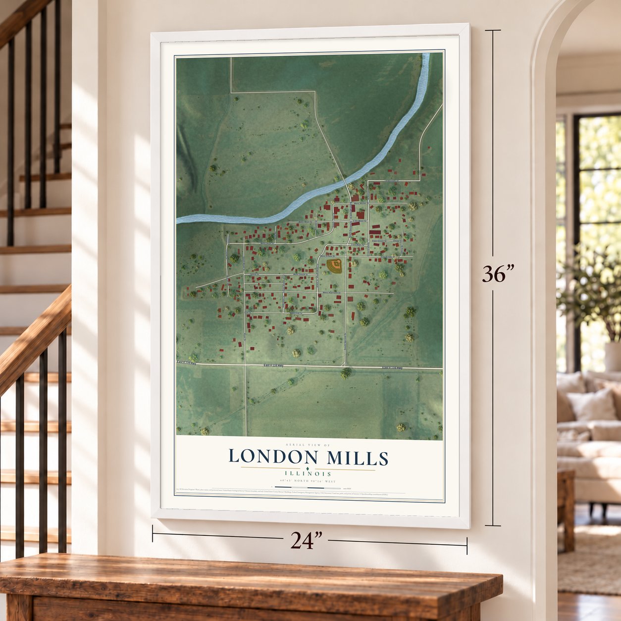 London Mills, Illinois map, 24 x 36 inch print in a white frame by a staircase
