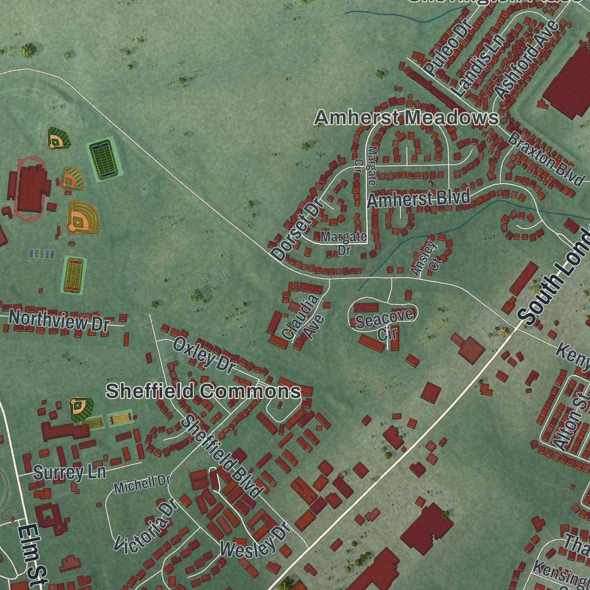 Second close-up of the map of London, Ohio print showing more streets and buildings