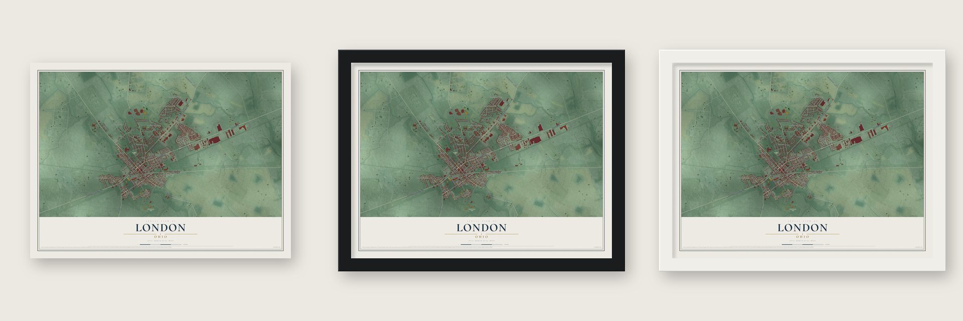 London, Ohio map unframed, in a black wood frame and in a white wood frame